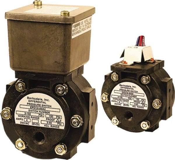 Barksdale - 3 to 40 psi Adjustable Range, 150 Max psi, Differential Pressure Switch - 1/8 NPT Female, Screw Terminals, SPDT Contact, Polysulfone Wetted Parts, 5% Repeatability - Apex Tool & Supply