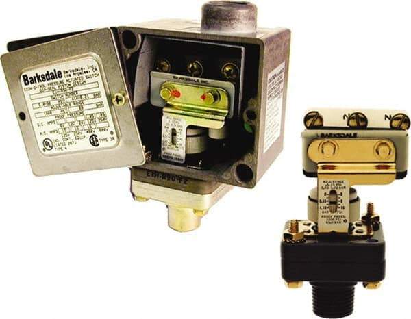 Barksdale - 0.5 to 15 psi Adjustable Range, 1,000 Max psi, Diaphragm Piston Pressure Switch - 1/2 NPT Male, Screw Terminals, SPDT Contact, Polysulfone 40% Glass Filled Wetted Parts, 2% Repeatability - Apex Tool & Supply