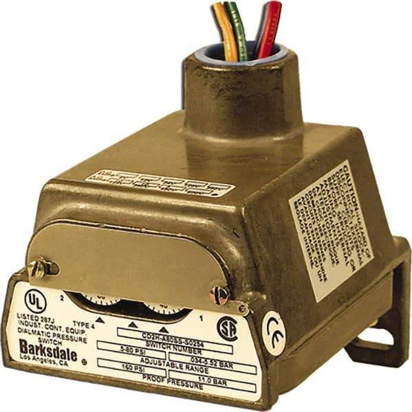 Barksdale - 0.5 to 36 psi Adjustable Range, 83.3 inH2O Max psi, Diaphragm Pressure Switch - 1/4 NPT Female, 18in Free Leads, SPDT Contact, 304SS Wetted Parts, 0.5% Repeatability - Apex Tool & Supply