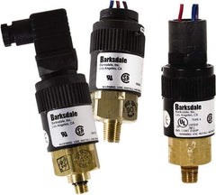 Barksdale - 110 to 500 PSI Adjustable Range, 1,000 Max psi, Compact Pressure Switch - 1/4 NPT Male, 1/2NPT Male Conduit Connector with Free Leads, SPDT Contact, Brass Wetted Parts, 2% Repeatability - Apex Tool & Supply
