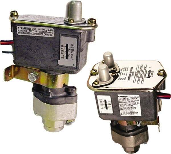 Barksdale - 35 to 400 psi Adjustable Range, 3,000 Max psi, Sealed Piston Pressure Switch - 1/4 NPT Female, 18in Free Leads, SPDT Contact, Nickel Plated Al Wetted Parts, 2% Repeatability - Apex Tool & Supply