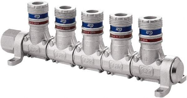 CEJN - 1/2" Inlet, 1/4" Outlet Manifold - 8-1/2" Long x 2.28" Wide x 2.7" High, 0.245" Mount Hole, 212°F Max, 230 Max PSI, 1 Inlet Port, 5 Outlet Ports - Apex Tool & Supply