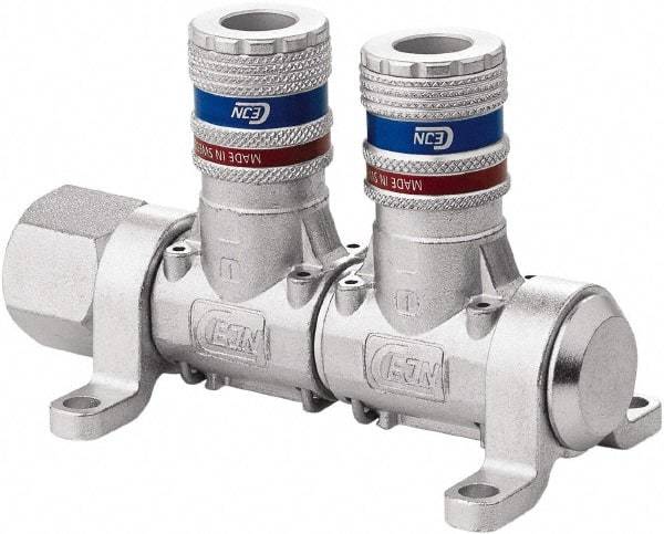 CEJN - 1/2" Inlet, 1/4" Outlet Manifold - 4.4" Long x 2.28" Wide x 2.7" High, 0.245" Mount Hole, 212°F Max, 230 Max PSI, 1 Inlet Port, 2 Outlet Ports - Apex Tool & Supply
