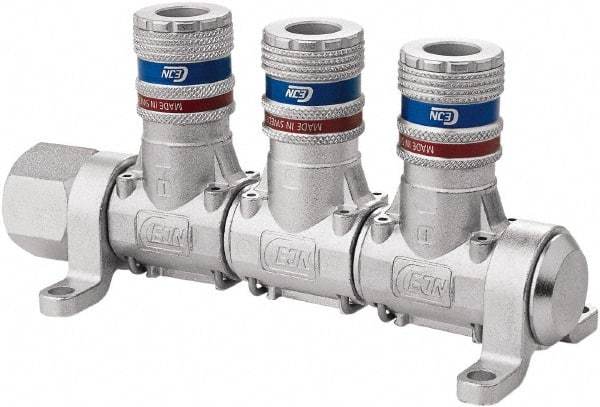 CEJN - 1/2" Inlet, 1/4" Outlet Manifold - 5-3/4" Long x 2.28" Wide x 2.7" High, 0.245" Mount Hole, 212°F Max, 230 Max PSI, 1 Inlet Port, 3 Outlet Ports - Apex Tool & Supply