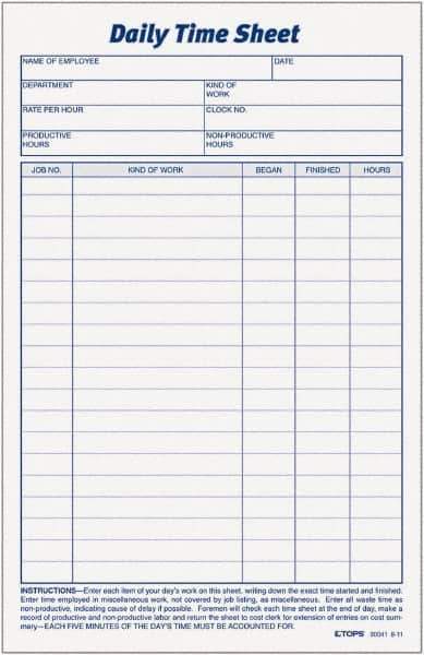 TOPS - 5-1/2" High x 8-1/2" Wide Daily Time & Job Sheets - Gray, White, Use with Manual Entries - Apex Tool & Supply