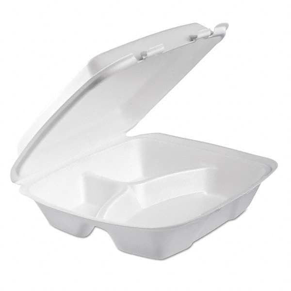 DART - Foam Hinged Lid Container, 3-Comp, 9 x 9 2/5 x 3, White, 100/Bag, 2 Bag/Carton - Apex Tool & Supply