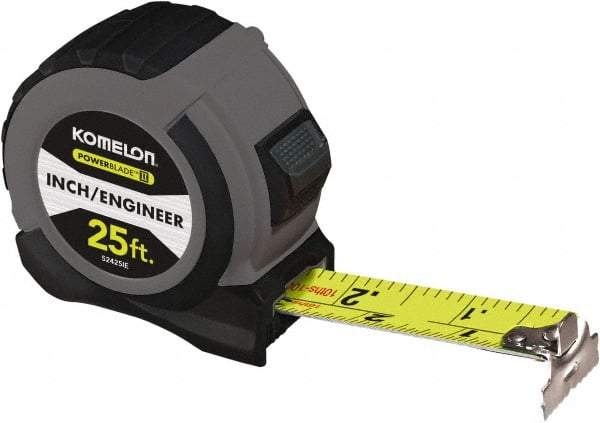 Komelon - 25' x 1-1/16" Yellow Steel Blade Tape Measure - 1/4, 1/8 & 1/16" Graduation, Blue/Gray ABS Plastic Case - Apex Tool & Supply