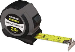 Komelon - 25' x 1-1/16" Yellow Steel Blade Tape Measure - 1/4, 1/8 & 1/16" Graduation, Blue/Gray ABS Plastic Case - Apex Tool & Supply