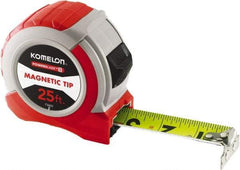 Komelon - 25' x 1-1/16" Yellow Steel Blade Tape Measure - 1/4, 1/8 & 1/16" Graduation, Red ABS Plastic Case - Apex Tool & Supply