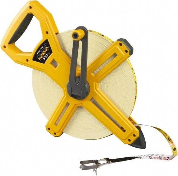 Komelon - 300' x 1/2" Yellow Fiberglass Blade Tape Measure - 1/8" Graduation, Yellow ABS Plastic Case - Apex Tool & Supply