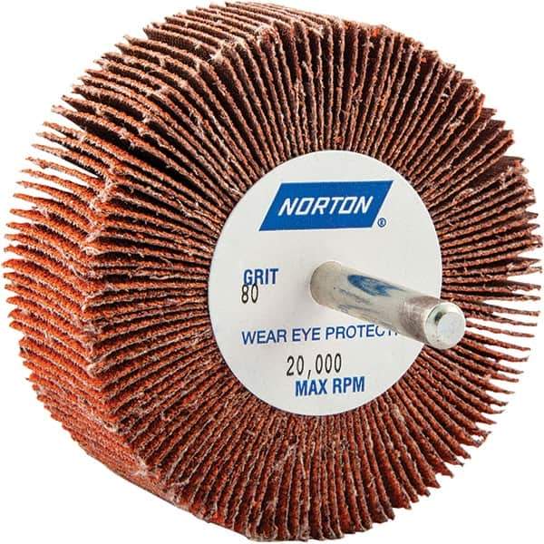 Norton - 3" Diam x 1" Face Width, Ceramic Alumina Coated Mounted Flap Wheel - 1/4" Shank Mount, 80 Grit, Cloth Backing, 20,000 Max RPM - Apex Tool & Supply