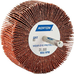 Norton - 3" Diam x 1" Face Width, Ceramic Alumina Coated Mounted Flap Wheel - 1/4" Shank Mount, 80 Grit, Cloth Backing, 20,000 Max RPM - Apex Tool & Supply