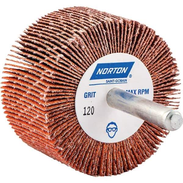 Norton - 2" Diam x 1" Face Width, Ceramic Alumina Coated Mounted Flap Wheel - 1/4" Shank Mount, 120 Grit, Cloth Backing, 25,000 Max RPM - Apex Tool & Supply