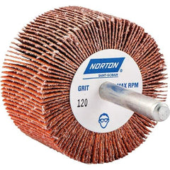 Norton - 2" Diam x 1" Face Width, Ceramic Alumina Coated Mounted Flap Wheel - 1/4" Shank Mount, 120 Grit, Cloth Backing, 25,000 Max RPM - Apex Tool & Supply