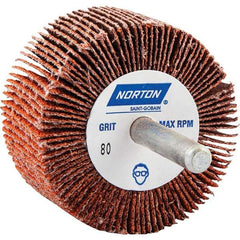 Norton - 2" Diam x 1" Face Width, Ceramic Alumina Coated Mounted Flap Wheel - 1/4" Shank Mount, 80 Grit, Cloth Backing, 25,000 Max RPM - Apex Tool & Supply