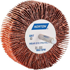 Norton - 3" Diam x 1" Face Width, Ceramic Alumina Coated Mounted Flap Wheel - 1/4" Shank Mount, 60 Grit, Cloth Backing, 20,000 Max RPM - Apex Tool & Supply