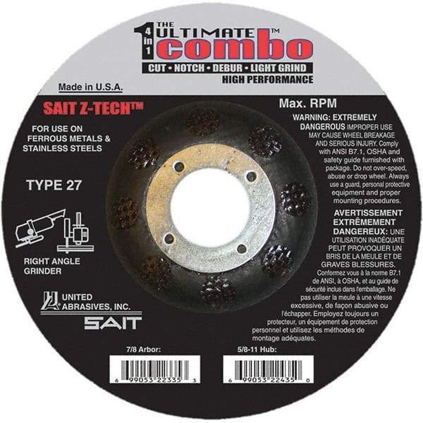 Sait - 6" Wheel Diam, 7/8" Arbor Hole, Type 27 Depressed Center Wheel - Coarse Grade, Zirconia Alumina, 10,200 Max RPM - Apex Tool & Supply