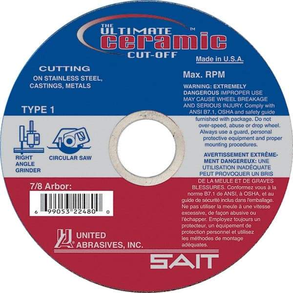 Sait - 4-1/2" 60 Grit Ceramic Cutoff Wheel - 0.045" Thick, 7/8" Arbor, 13,300 Max RPM, Use with Angle Grinders - Apex Tool & Supply