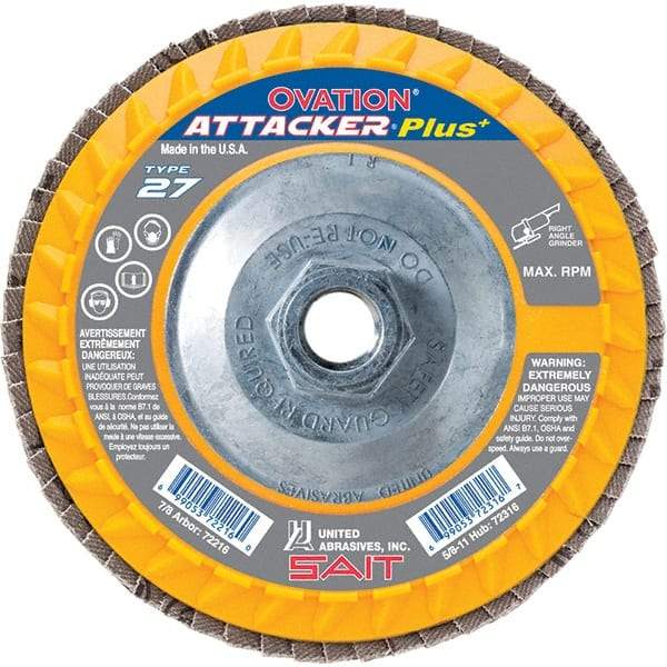 Sait - 40 Grit, 4-1/2" Disc Diam, 5/8-11 Center Hole, Type 27 Zirconia Alumina Flap Disc - 13,300 Max RPM, Plastic Backing, Arbor Attaching System, Coated - Apex Tool & Supply