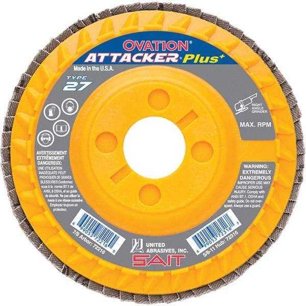 Sait - 60 Grit, 4-1/2" Disc Diam, 7/8" Center Hole, Type 27 Zirconia Alumina Flap Disc - 13,300 Max RPM, Plastic Backing, Arbor Attaching System, Coated - Apex Tool & Supply