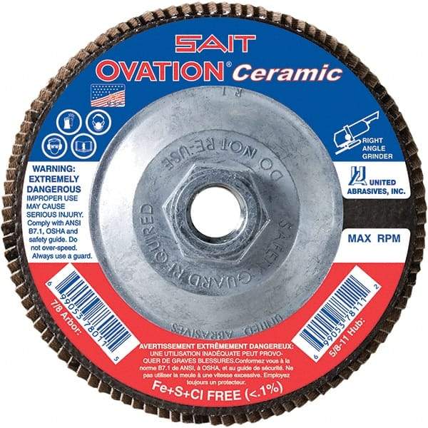 Sait - 36 Grit, 4-1/2" Disc Diam, 5/8-11 Center Hole, Type 27 Ceramic Flap Disc - 13,300 Max RPM, Plastic Backing, Arbor Attaching System, Coated - Apex Tool & Supply