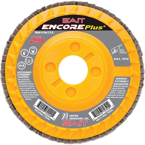 Sait - 40 Grit, 4-1/2" Disc Diam, 7/8" Center Hole, Type 29 Zirconia Alumina Flap Disc - 13,300 Max RPM, Plastic Backing, Arbor Attaching System, Coated - Apex Tool & Supply