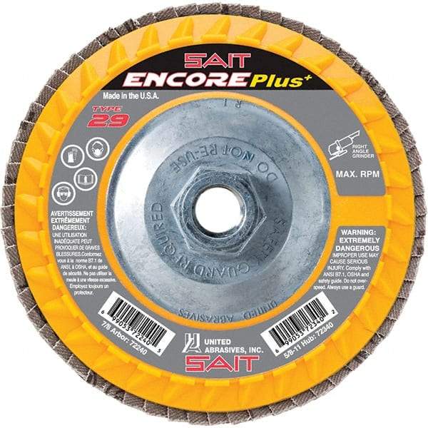Sait - 80 Grit, 4-1/2" Disc Diam, 5/8-11 Center Hole, Type 29 Zirconia Alumina Flap Disc - 13,300 Max RPM, Plastic Backing, Arbor Attaching System, Coated - Apex Tool & Supply
