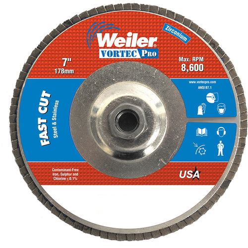‎7″ Vortec Pro Abrasive Flap Disc, Angled, Aluminum Backing, 36Z, 5/8″-11 UNC Nut - Apex Tool & Supply