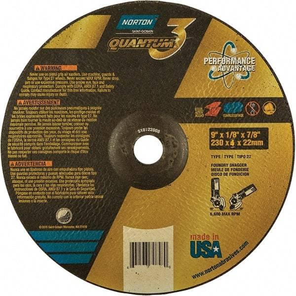 Norton - 24 Grit, 9" Wheel Diam, 1/8" Wheel Thickness, 7/8" Arbor Hole, Type 27 Depressed Center Wheel - Coarse Grade, Ceramic, Resinoid Bond, 6,600 Max RPM - Apex Tool & Supply