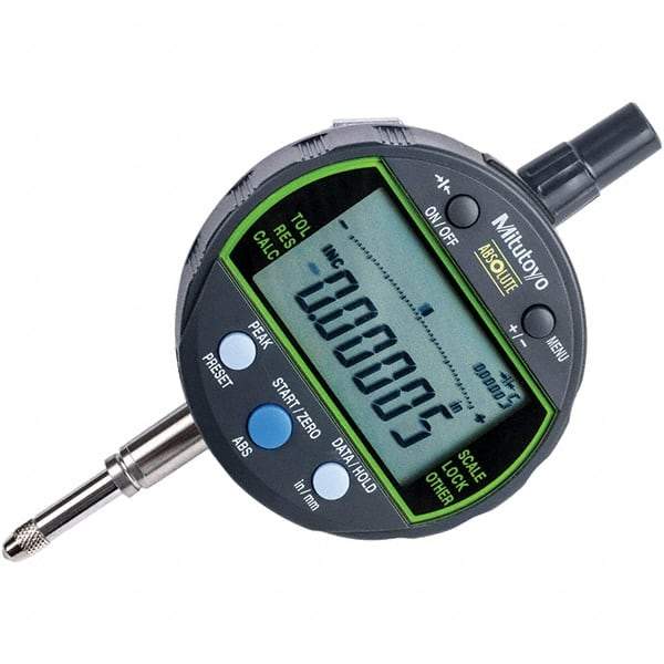 Mitutoyo - 0 to 1/2" Range, 0.00005, 0.0001 & 0.0005" Graduation, Electronic Drop Inidicator - Flat Back, 0.0001" Accuracy, LCD Display, Inch & Metric - Apex Tool & Supply