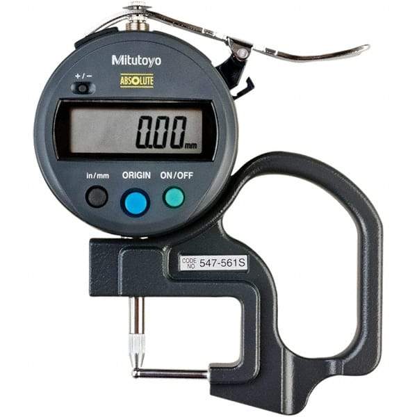 Mitutoyo - 0mm to 12mm Measurement, 0.01mm Resolution Electronic Thickness Gage - Accurate up to 0.001", 1.5 N Measuring Force - Apex Tool & Supply
