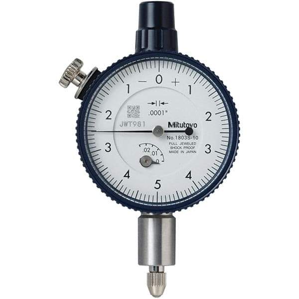 Mitutoyo - 1/4" Range, 0-5-0 Dial Reading, 0.0001" Graduation Dial Drop Indicator - 40mm Dial, 0.01" Range per Revolution, 0.0001" Accuracy, Revolution Counter - Apex Tool & Supply