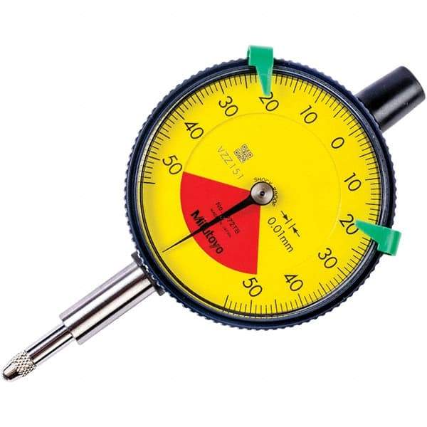Mitutoyo - 1mm Range, 50-0-50 Dial Reading, 0.01mm Graduation Dial Drop Indicator - 57mm Dial, 1.4mm Range per Revolution, 0.04mm Accuracy - Apex Tool & Supply