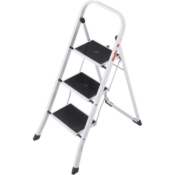 Hailo - 3 Steps, 3' 5" High, EN14183 Rating, Tubular Steel Step Ladder - 330 Lb Capacity, 18-1/2" Base Width - Apex Tool & Supply