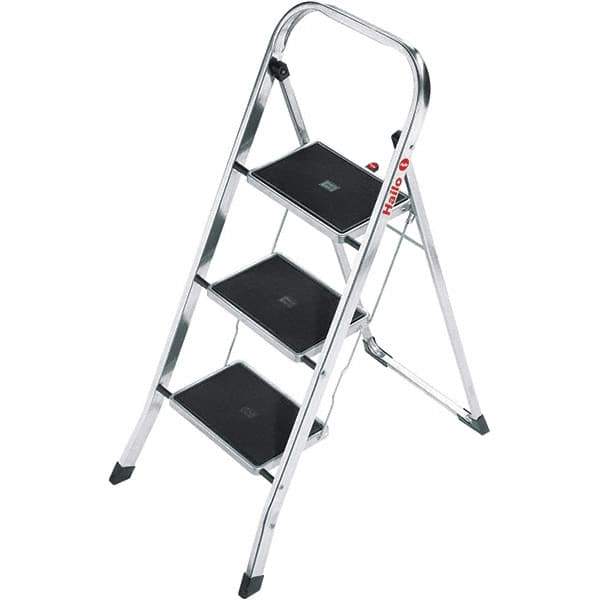 Hailo - 3 Steps, 3' 4" High, EN14183 Rating, Aluminum Step Ladder - 330 Lb Capacity, 18-1/2" Base Width - Apex Tool & Supply