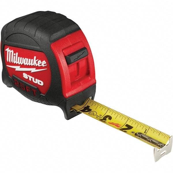 Milwaukee Tool - 25' x 1" Yellow Steel Blade Tape Measure - 1/16" & 1/10' Graduation, Inch Graduation Style, Red/Black Plastic Case - Apex Tool & Supply