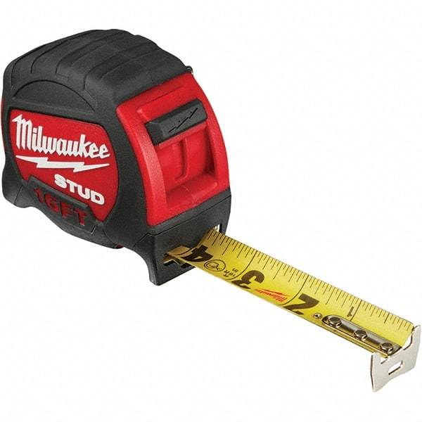 Milwaukee Tool - 16' x 1" Yellow Steel Blade Tape Measure - 1/16" & 1/10' Graduation, Inch Graduation Style, Red/Black Plastic Case - Apex Tool & Supply