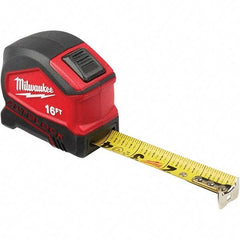 Milwaukee Tool - 16' x 1" Yellow Steel Blade Tape Measure - 1/16" & 1/10' Graduation, Inch Graduation Style, Red/Black Plastic Case - Apex Tool & Supply