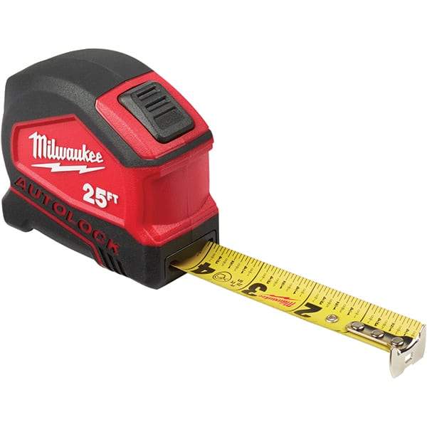 Milwaukee Tool - 25' x 1" Yellow Steel Blade Tape Measure - 1/16" & 1/10' Graduation, Inch Graduation Style, Red/Black Plastic Case - Apex Tool & Supply