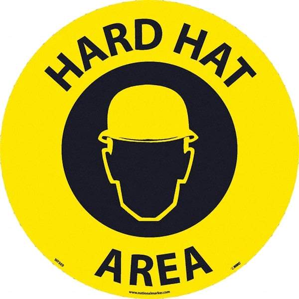 NMC - Hard Hat Area, Anti-Skid Pressure-Sensitive Vinyl Floor Sign - Round, Black on Yellow, Adhesive Backed, For Restroom, Janitorial & Housekeeping - Apex Tool & Supply