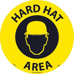NMC - Hard Hat Area, Anti-Skid Pressure-Sensitive Vinyl Floor Sign - Round, Black on Yellow, Adhesive Backed, For Restroom, Janitorial & Housekeeping - Apex Tool & Supply