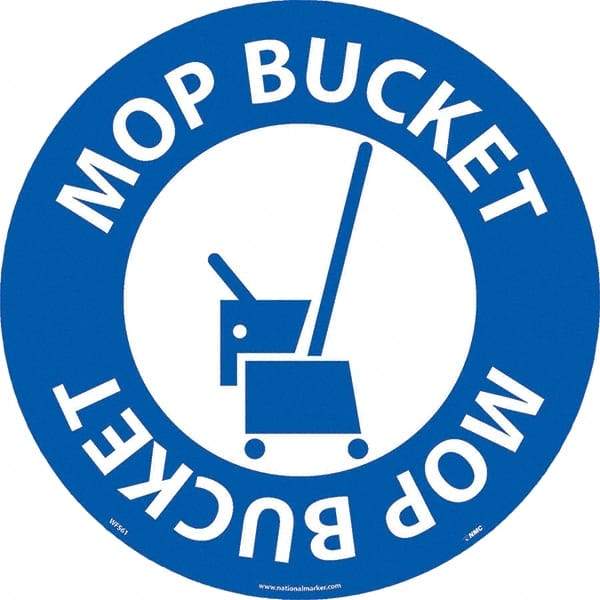 NMC - Mop Bucket, Anti-Skid Pressure-Sensitive Vinyl Floor Sign - Round, White on Blue, Adhesive Backed, For Restroom, Janitorial & Housekeeping - Apex Tool & Supply