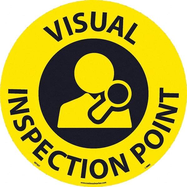 NMC - Visual Inspection Point, Anti-Skid Pressure-Sensitive Vinyl Floor Sign - Round, Black on Yellow, Adhesive Backed, For Restroom, Janitorial & Housekeeping - Apex Tool & Supply