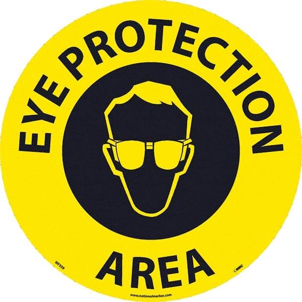 NMC - Eye Protection Area, Anti-Skid Pressure-Sensitive Vinyl Floor Sign - Round, Black on Yellow, Adhesive Backed, For Restroom, Janitorial & Housekeeping - Apex Tool & Supply