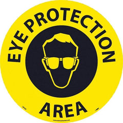 NMC - Eye Protection Area, Anti-Skid Pressure-Sensitive Vinyl Floor Sign - Round, Black on Yellow, Adhesive Backed, For Restroom, Janitorial & Housekeeping - Apex Tool & Supply