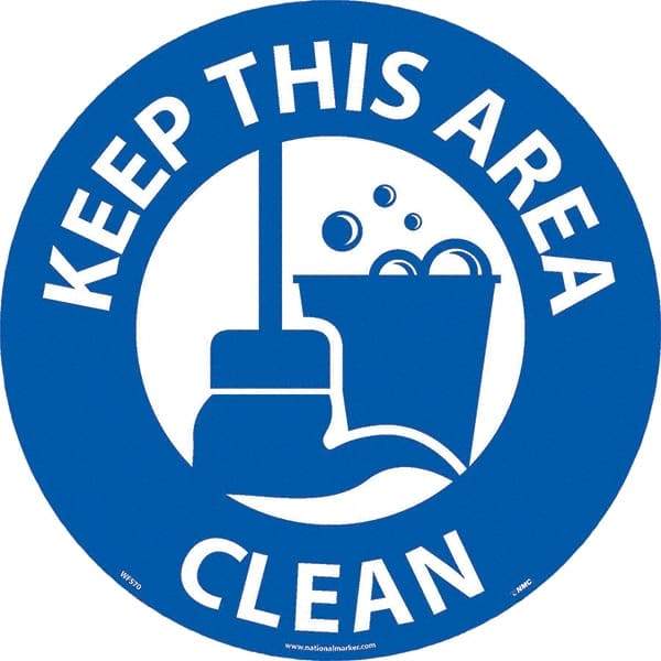 NMC - Keep This Area Clean, Anti-Skid Pressure-Sensitive Vinyl Floor Sign - Round, White on Blue, Adhesive Backed, For Restroom, Janitorial & Housekeeping - Apex Tool & Supply