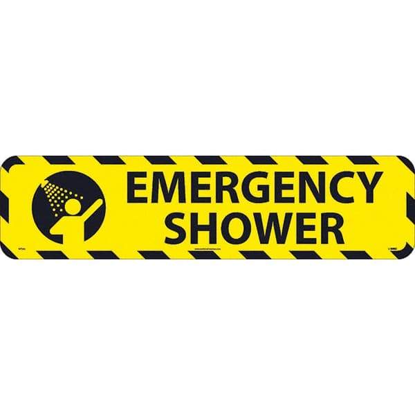 NMC - Emergency Shower, Anti-Skid Pressure-Sensitive Vinyl Floor Sign - Rectangle, Black on Yellow, Adhesive Backed, For Restroom, Janitorial & Housekeeping - Apex Tool & Supply