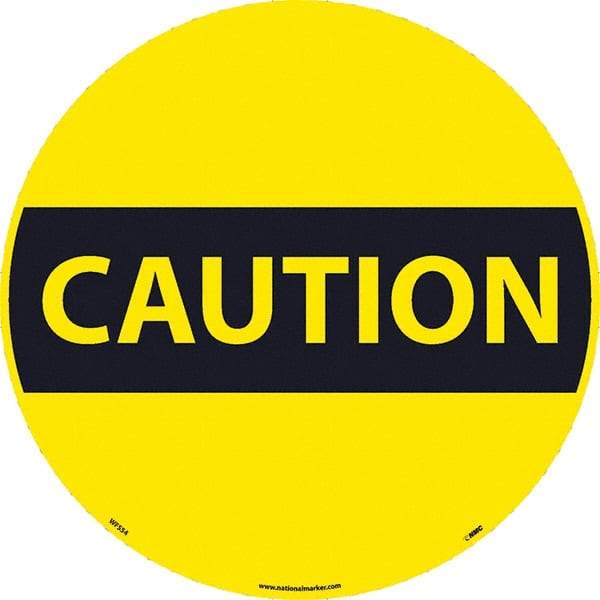 NMC - Caution, Anti-Skid Pressure-Sensitive Vinyl Floor Sign - Round, Black on Yellow, Adhesive Backed, For Restroom, Janitorial & Housekeeping - Apex Tool & Supply