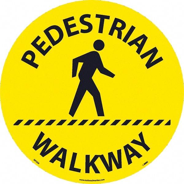 NMC - Pedestrian Walkway, Anti-Skid Pressure-Sensitive Vinyl Floor Sign - Round, Black on Yellow, Adhesive Backed, For Restroom, Janitorial & Housekeeping - Apex Tool & Supply