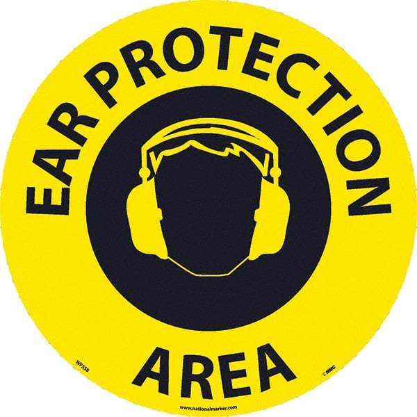 NMC - Ear Protection Area, Anti-Skid Pressure-Sensitive Vinyl Floor Sign - Round, Black on Yellow, Adhesive Backed, For Restroom, Janitorial & Housekeeping - Apex Tool & Supply